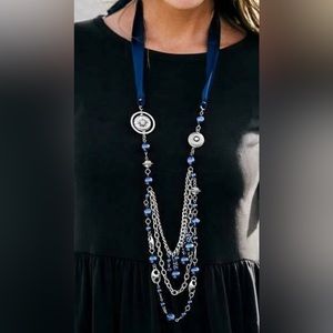 Blue TRIMMINGS ribbon necklace and earrings 113b